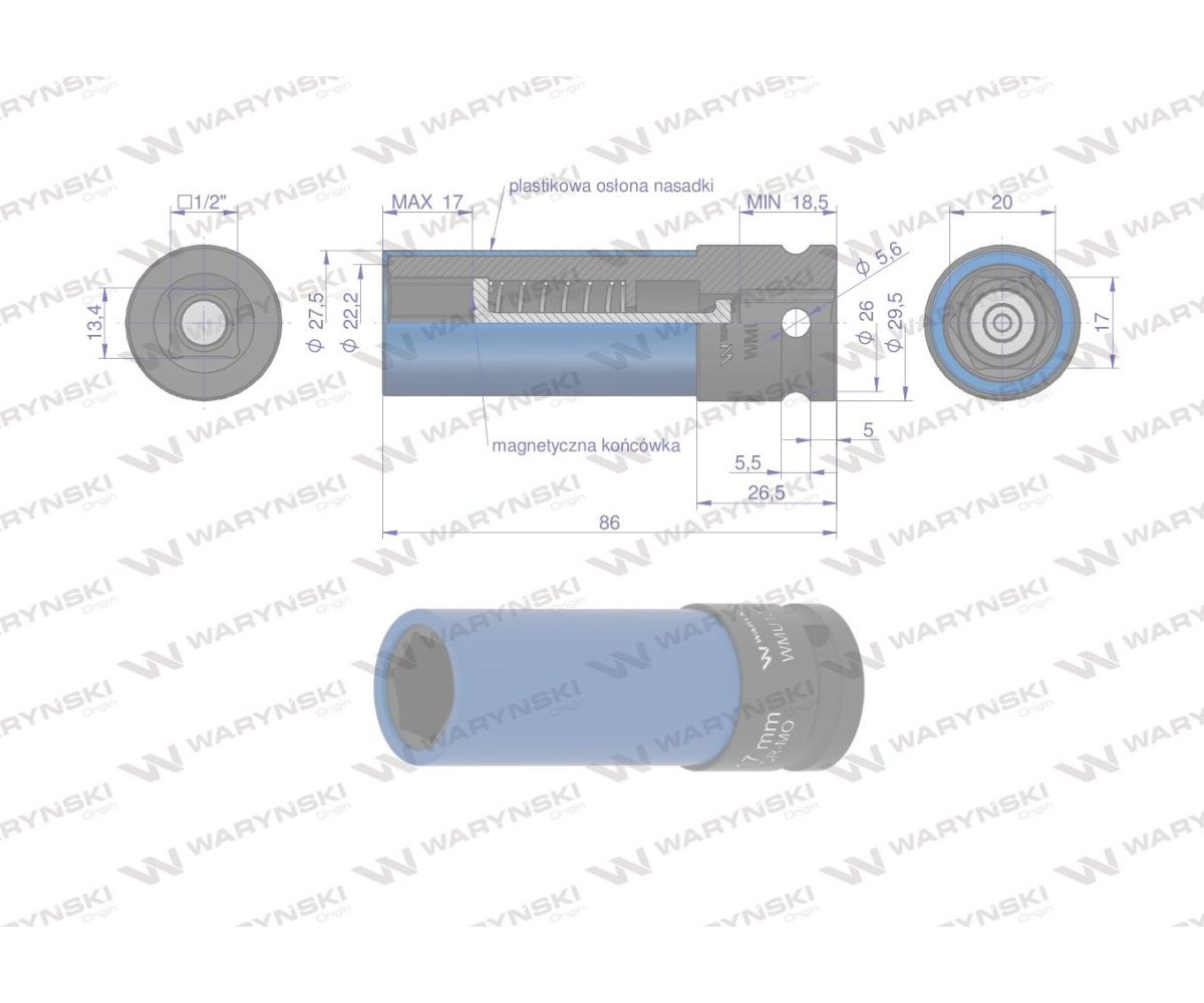 Nasadka udarowa 1/2 z magnesem do felg aluminiowych. 17mm. Waryński