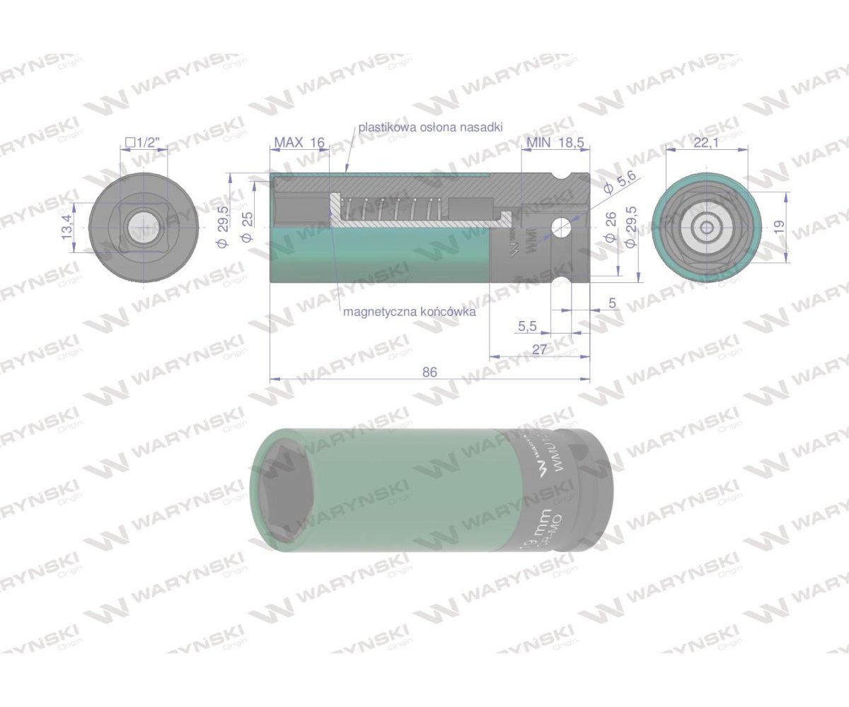 Nasadka udarowa 1/2 z magnesem do felg aluminiowych. 19mm. Waryński