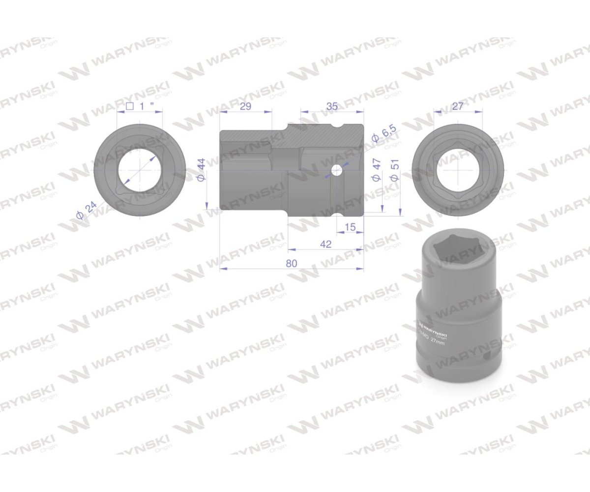 Nasadka udarowa sześciokątna 1" długa. 27 mm. CrMo. DIN 3129 Waryński