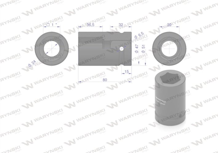 Nasadka udarowa sześciokątna 1" długa. 30 mm. CrMo. DIN 3129 Waryński