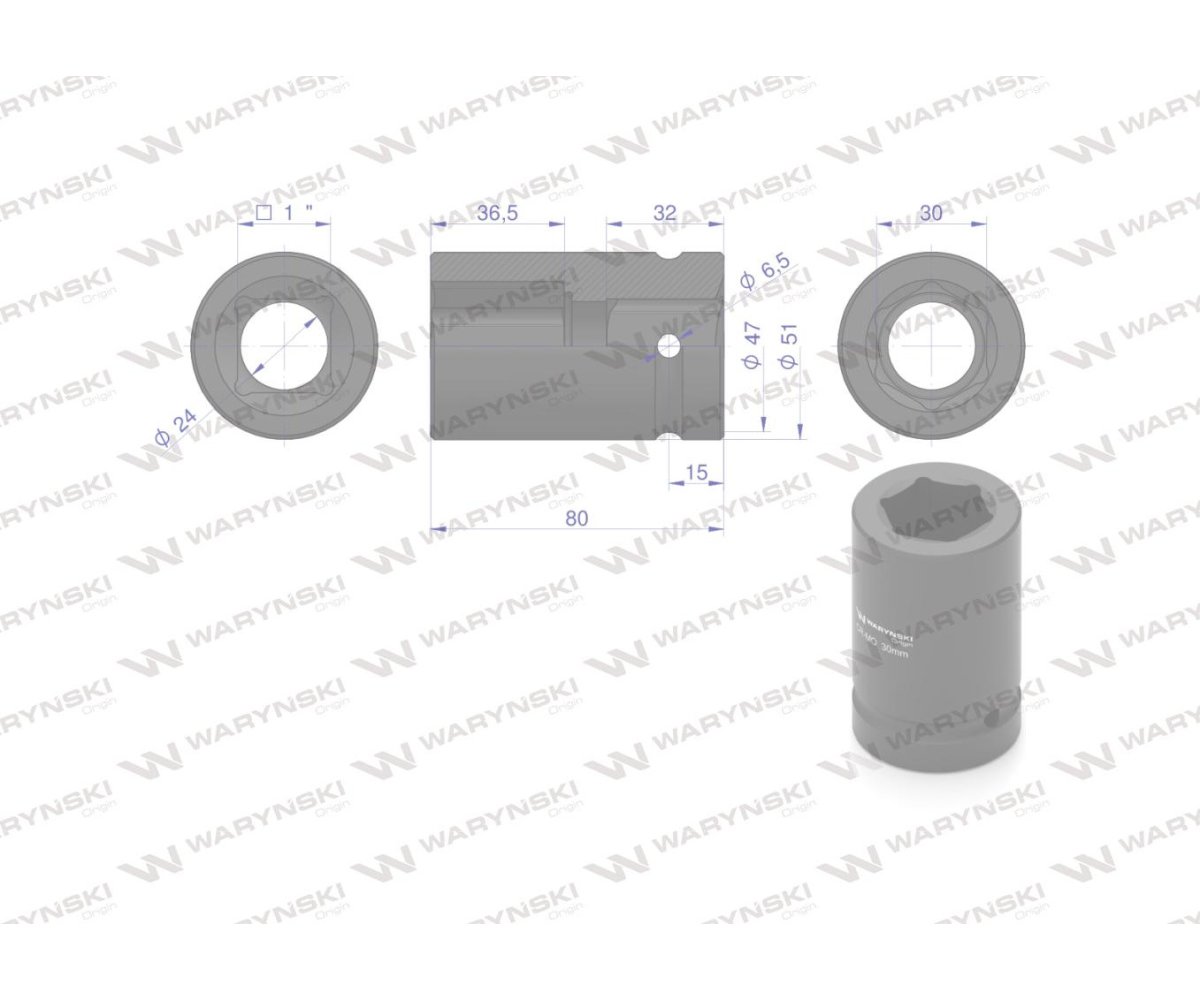 Nasadka udarowa sześciokątna 1" długa. 30 mm. CrMo. DIN 3129 Waryński