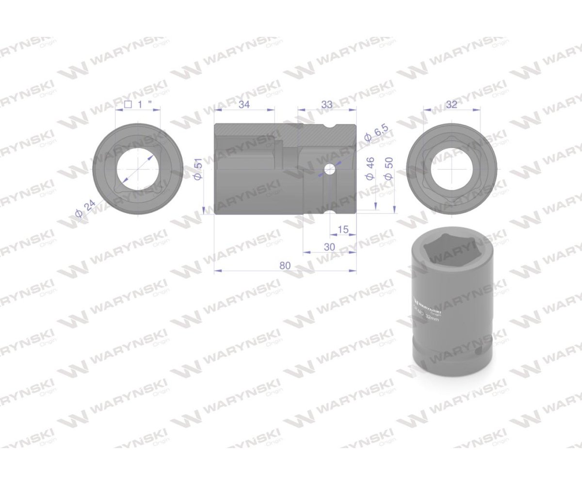 Nasadka udarowa sześciokątna 1"długa. 32 mm. CrMo. DIN 3129 Waryński