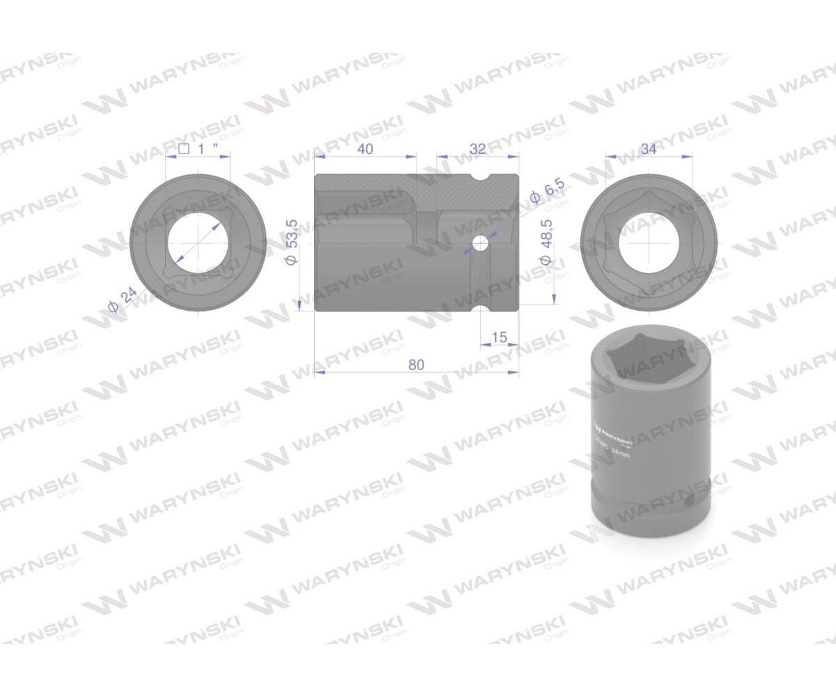 Nasadka udarowa sześciokątna 1"długa. 34 mm. CrMo. DIN 3129 Waryński
