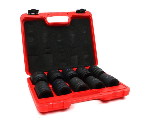 Zestaw nasadek udarowych 1" 10 cz. 24. 27. 30. 32. 33. 34 .36. 38. 41. 46 mm ze stali CrMo DIN 3129 Waryński