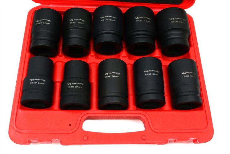 Zestaw nasadek udarowych 1" 10 cz. 24. 27. 30. 32. 33. 34 .36. 38. 41. 46 mm ze stali CrMo DIN 3129 Waryński