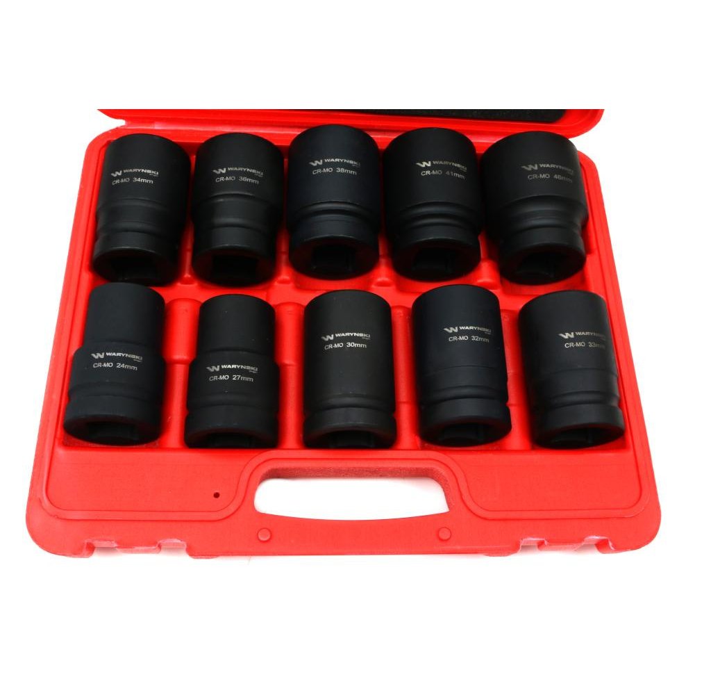 Zestaw nasadek udarowych 1" 10 cz. 24. 27. 30. 32. 33. 34 .36. 38. 41. 46 mm ze stali CrMo DIN 3129 Waryński