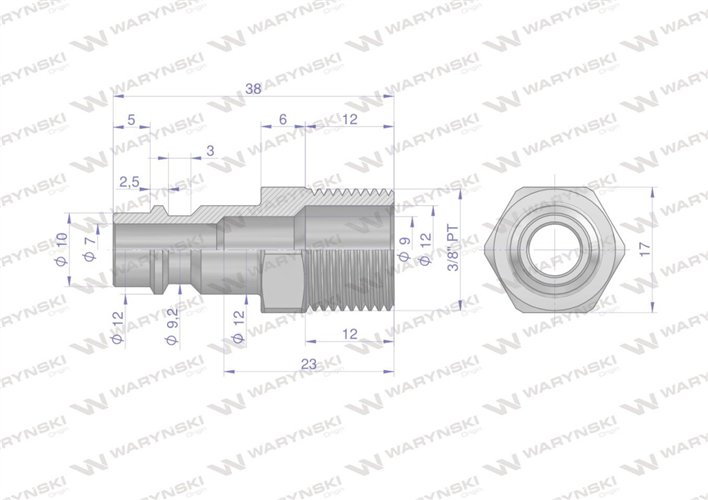 Złączka króciec do narzedzi pneumatycznych gwint 3/8 stożkowy PT Waryński 2 szt