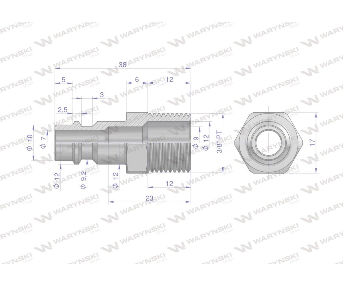Złączka króciec do narzedzi pneumatycznych gwint 3/8 stożkowy PT Waryński 2 szt