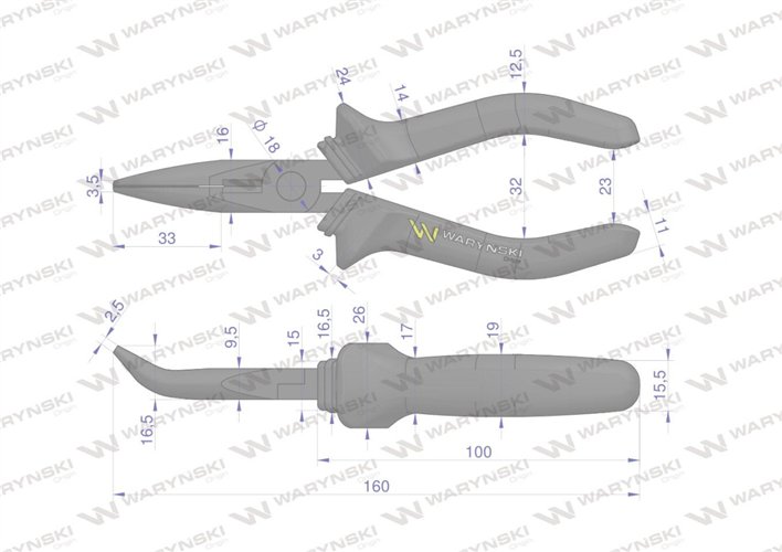 Szczypce wydłużone wygięte 160 mm Waryński