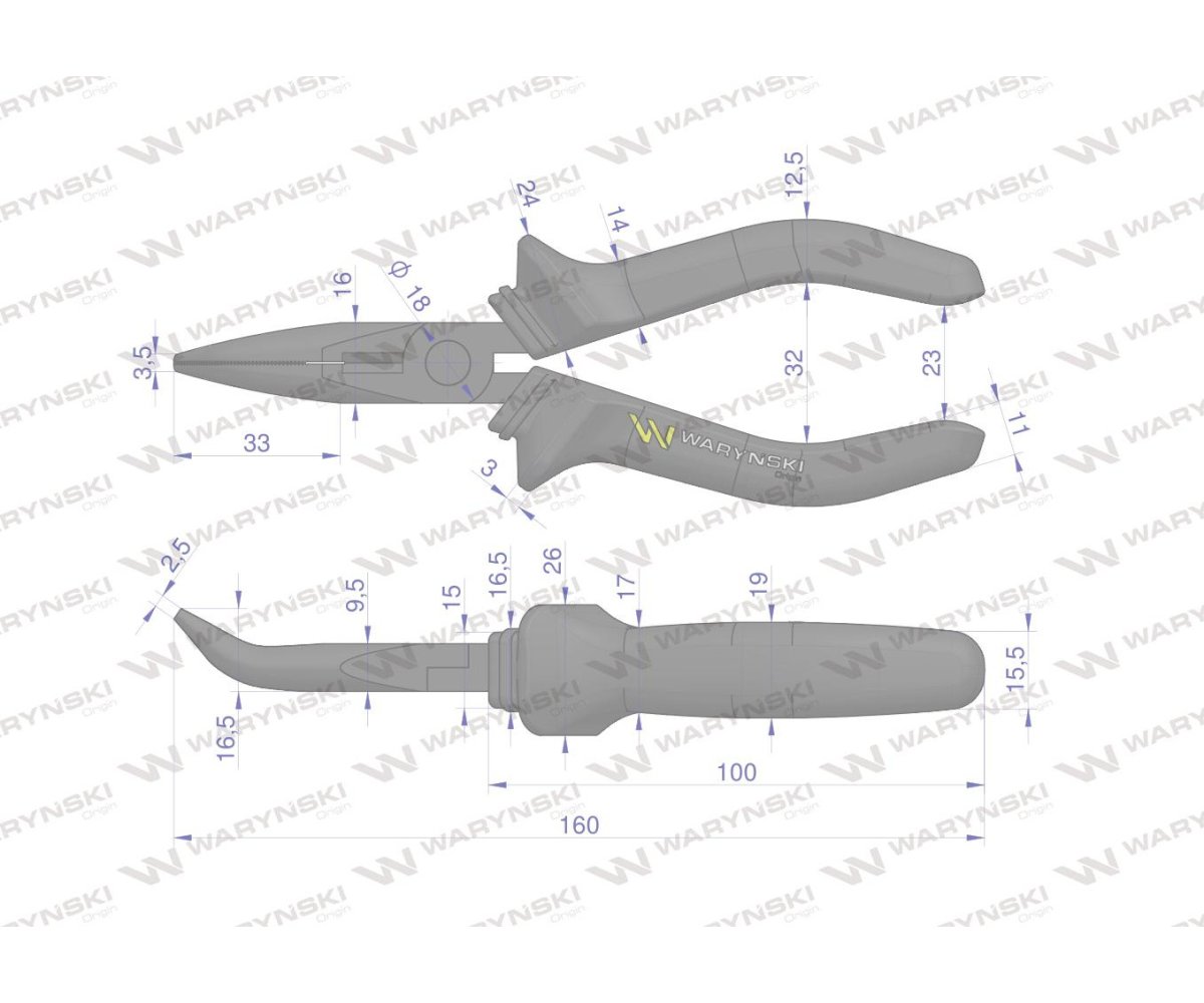Szczypce wydłużone wygięte 160 mm Waryński
