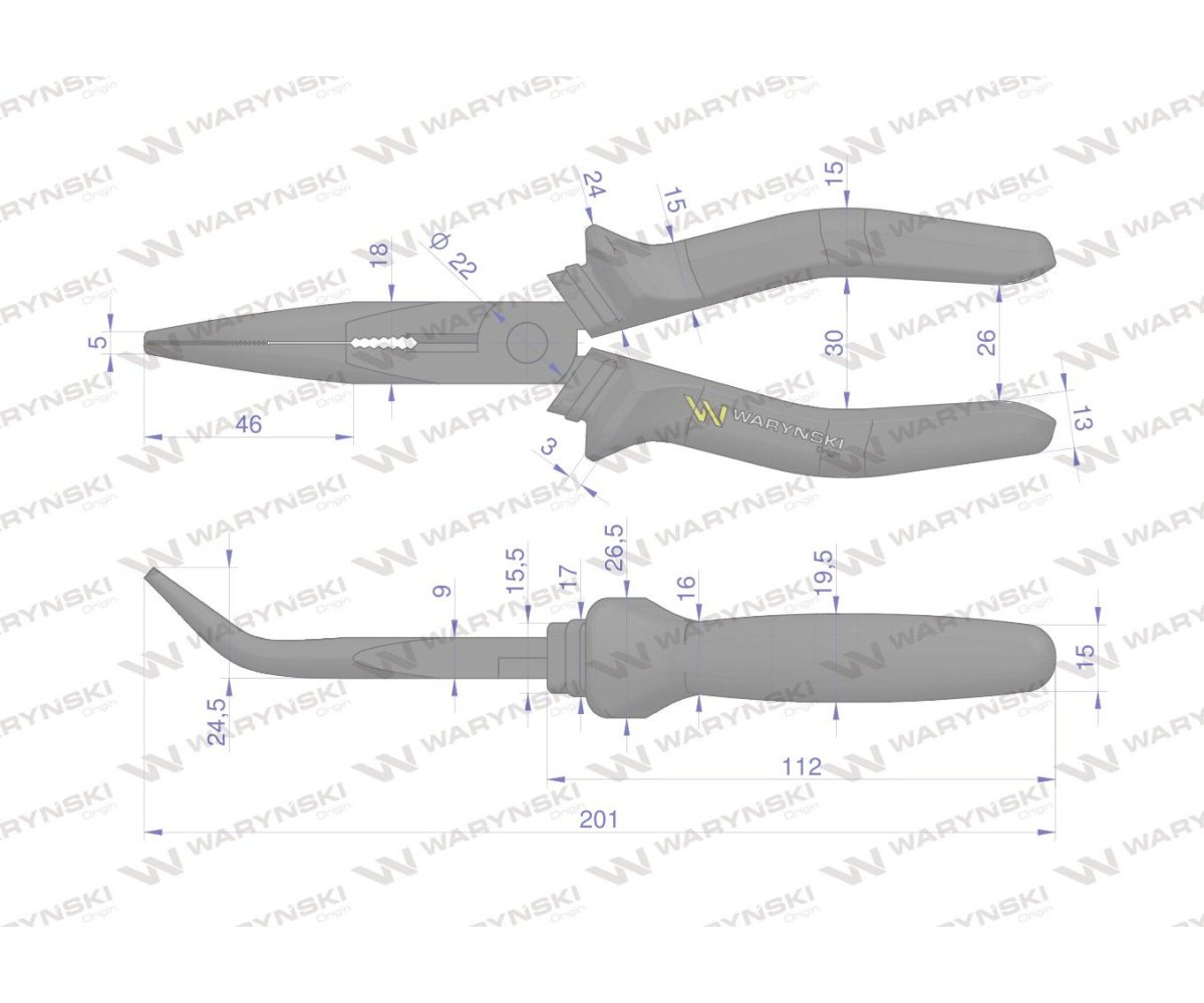 Szczypce wydłużone wygięte 200 mm Waryński