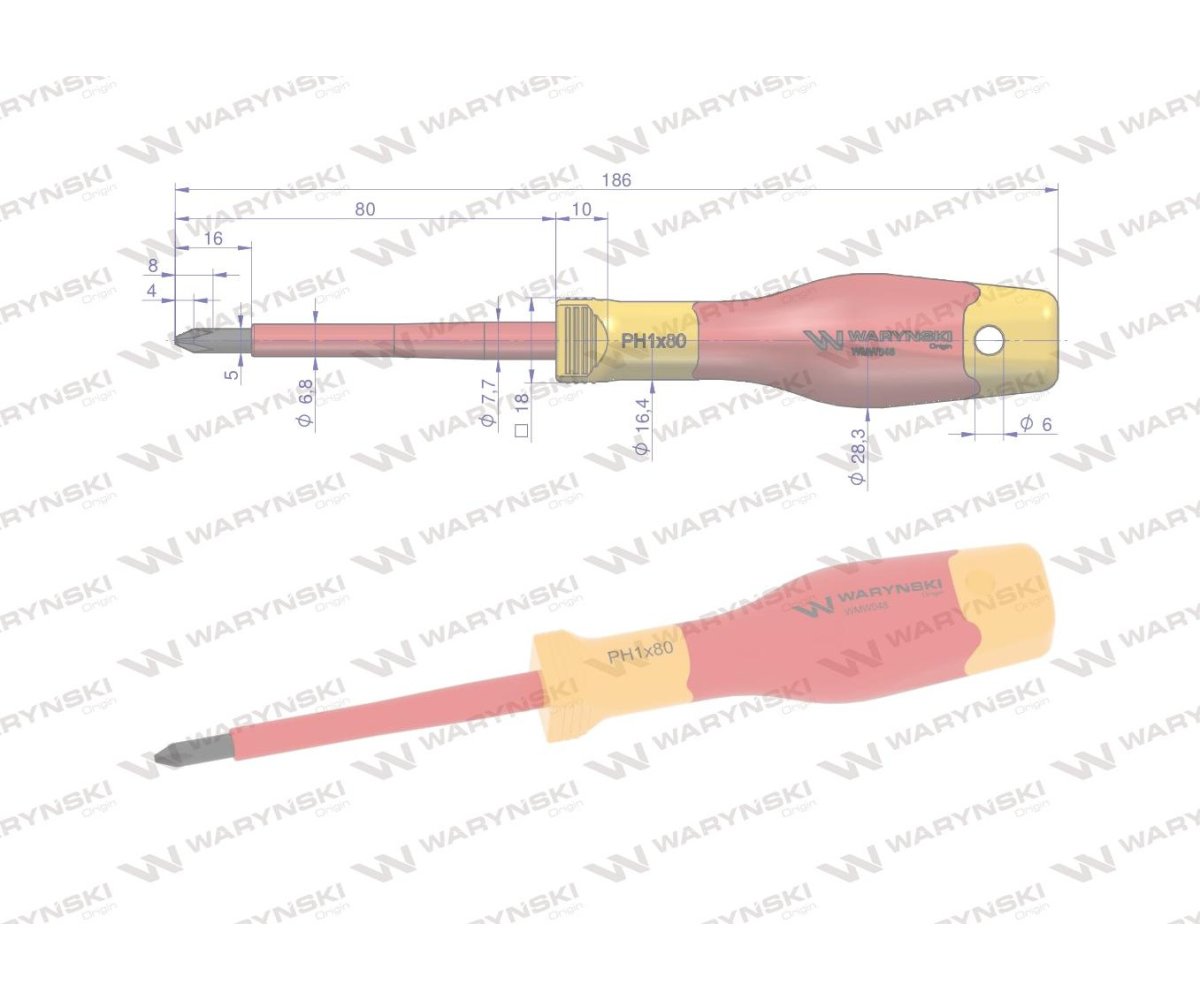 Wkrętak PH1*80mm. izolowany. VDE. stal S2, Waryński