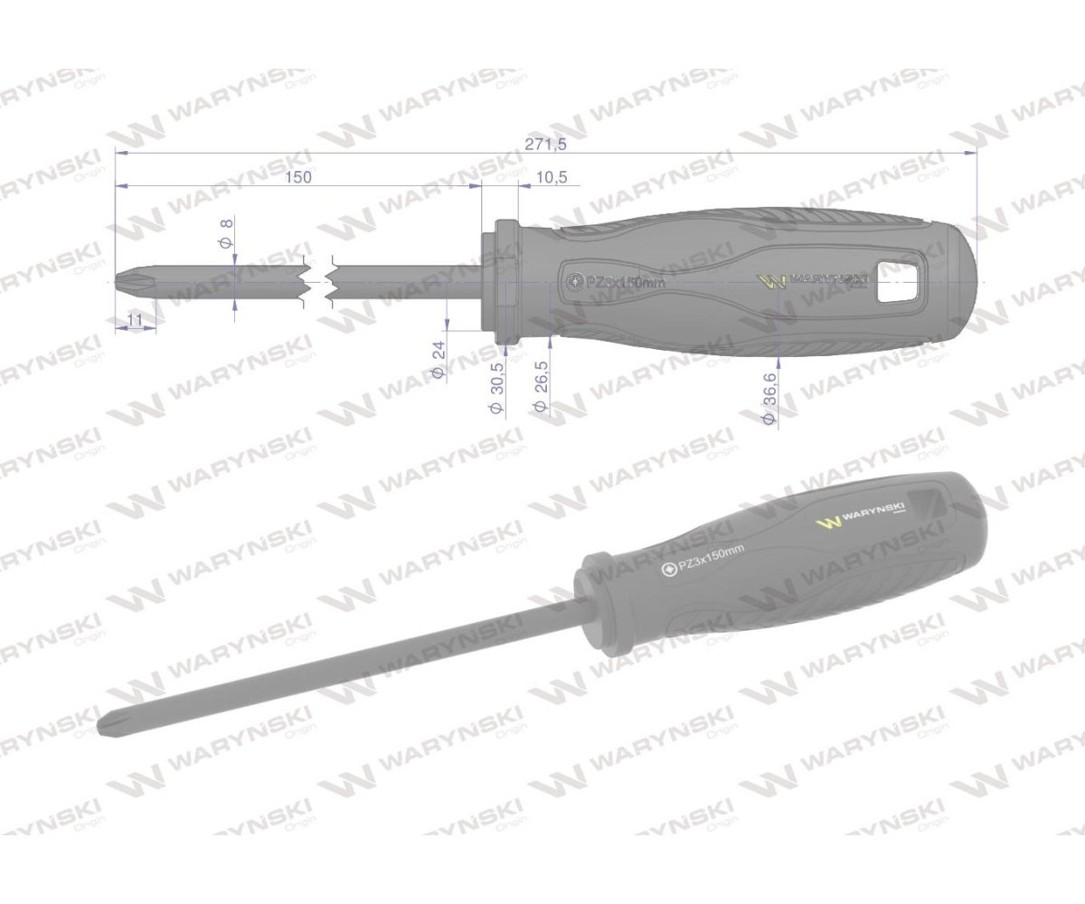 Wkrętak PZ3. 150 mm. stal SVCM. Waryński