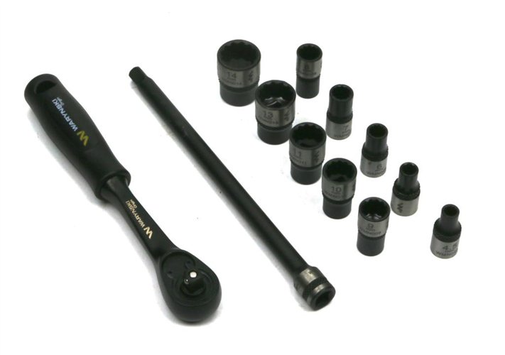 Zestaw 12 el. nasadki 1/4 przedłużka 12 cm grzechotka 4.5 5 6 7 8 9 10 11 13 14 Waryński