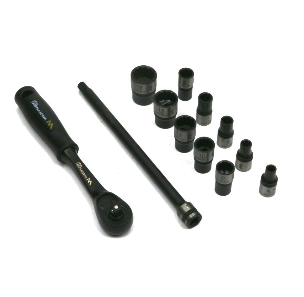 Zestaw 12 el. nasadki 1/4 przedłużka 12 cm grzechotka 4.5 5 6 7 8 9 10 11 13 14 Waryński