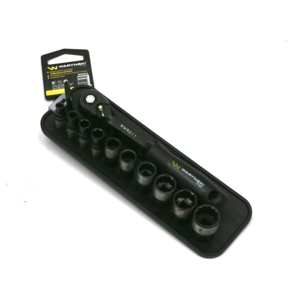 Zestaw 12 el. nasadki 1/4 przedłużka 7.5 cm grzechotka 4 5.5 6 7 8 9 10 12 13 14 Waryński