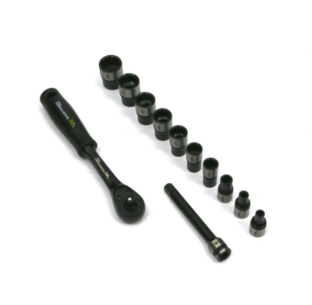 Zestaw 12 el. nasadki przedłużone 1/4 4 4.5 6 8 9 10 11 12 13 14 z przedłużką i grzechotką Waryński