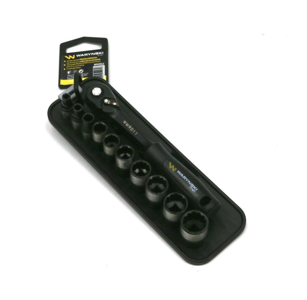 Zestaw 12 el. nasadki przedłużone 1/4 4 4.5 6 8 9 10 11 12 13 14 z przedłużką i grzechotką Waryński