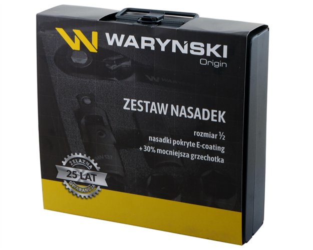 Zestaw nasadek 1/2 cala z grzechotką i akcesoriami w kasecie metalowej 30 el. Waryński