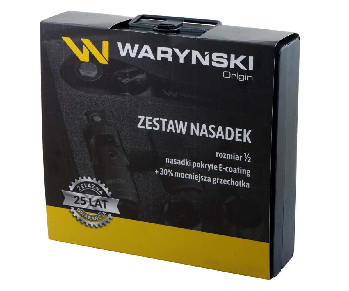 Zestaw nasadek 1/2 cala z grzechotką i akcesoriami w kasecie metalowej 30 el. Waryński