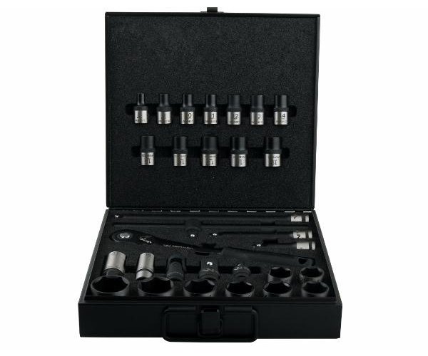 Zestaw nasadek 1/2 cala z grzechotką i akcesoriami w kasecie metalowej 30 el. Waryński