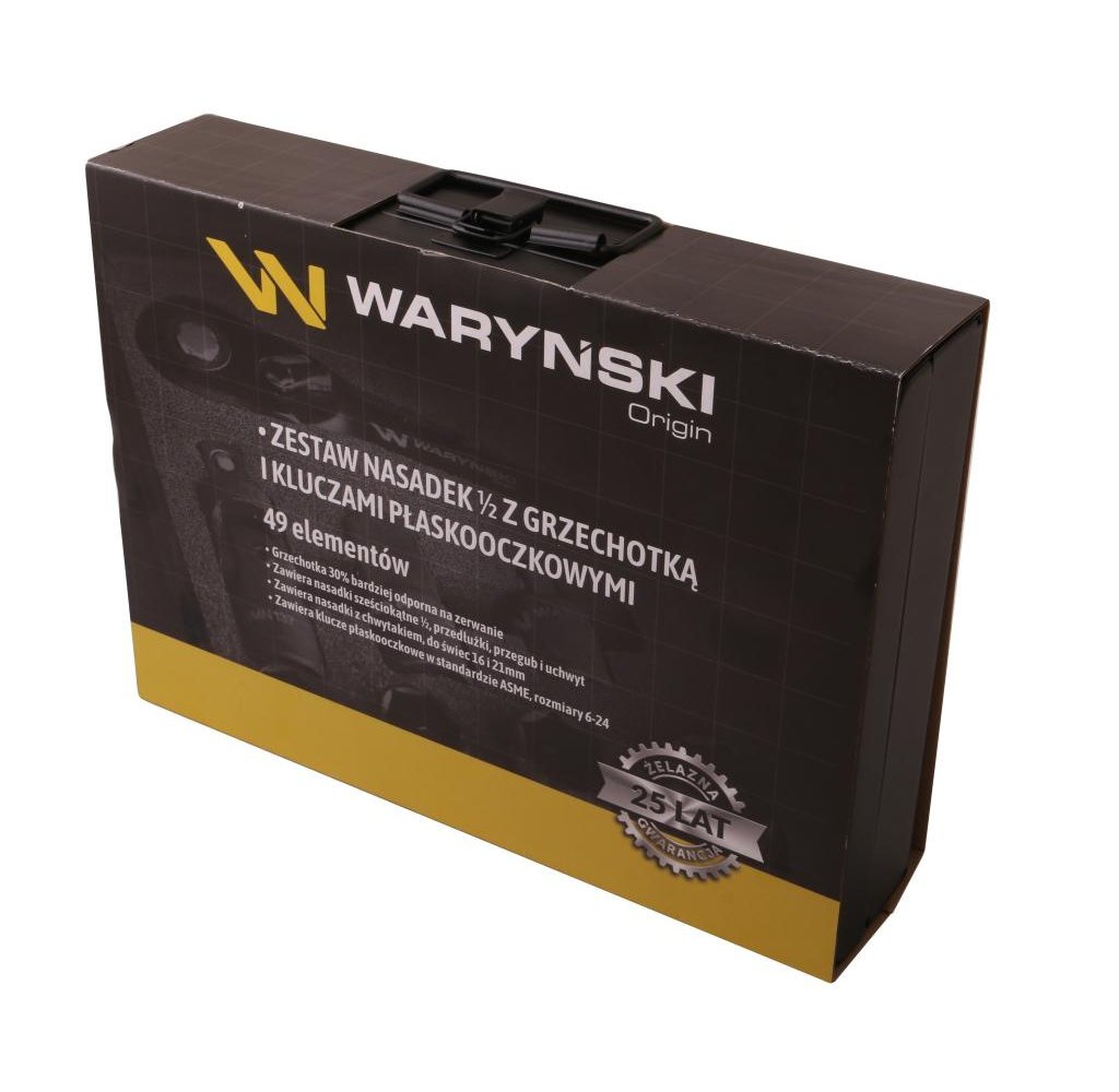 Zestaw nasadek 1./2 z grzechotką i kluczami w kasecie metalowej 49 el. Waryński