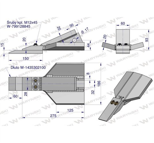 Dłuto dziób redlica kpl. głębosza skręcana zastosowanie Unia Kret stal borowa WARYŃSKI
