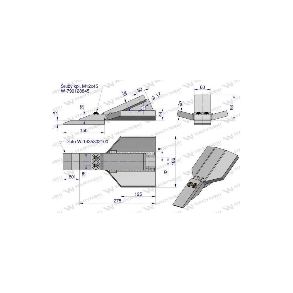 Dłuto dziób redlica kpl. głębosza skręcana zastosowanie Unia Kret stal borowa WARYŃSKI