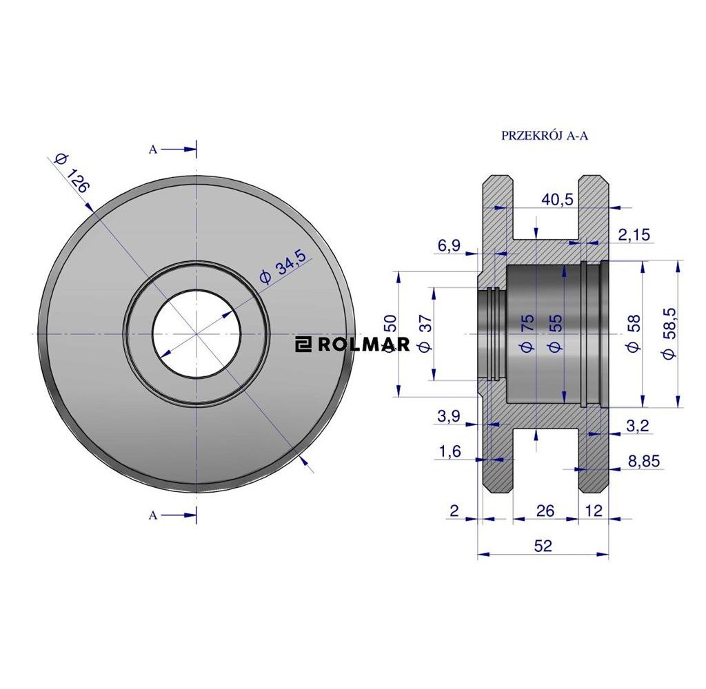 Rolka prowadząca koła podnoszącego n.typ otwór fi 55/34,5mm Anna
