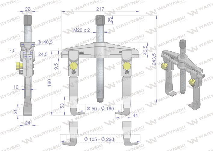 Ściągacz do łożysk dwuramienny typ T 105-220 Waryński