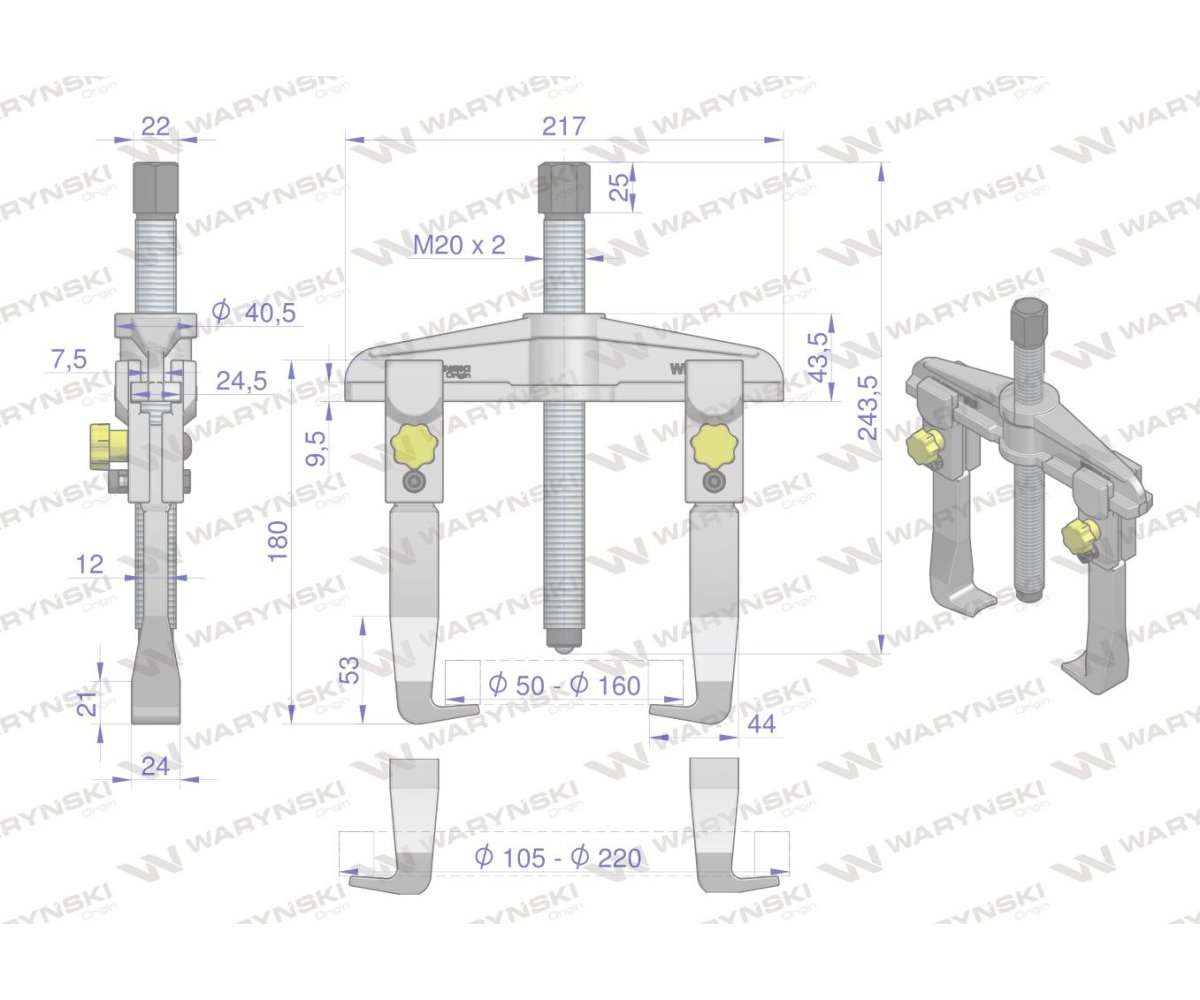 Ściągacz do łożysk dwuramienny typ T 105-220 Waryński
