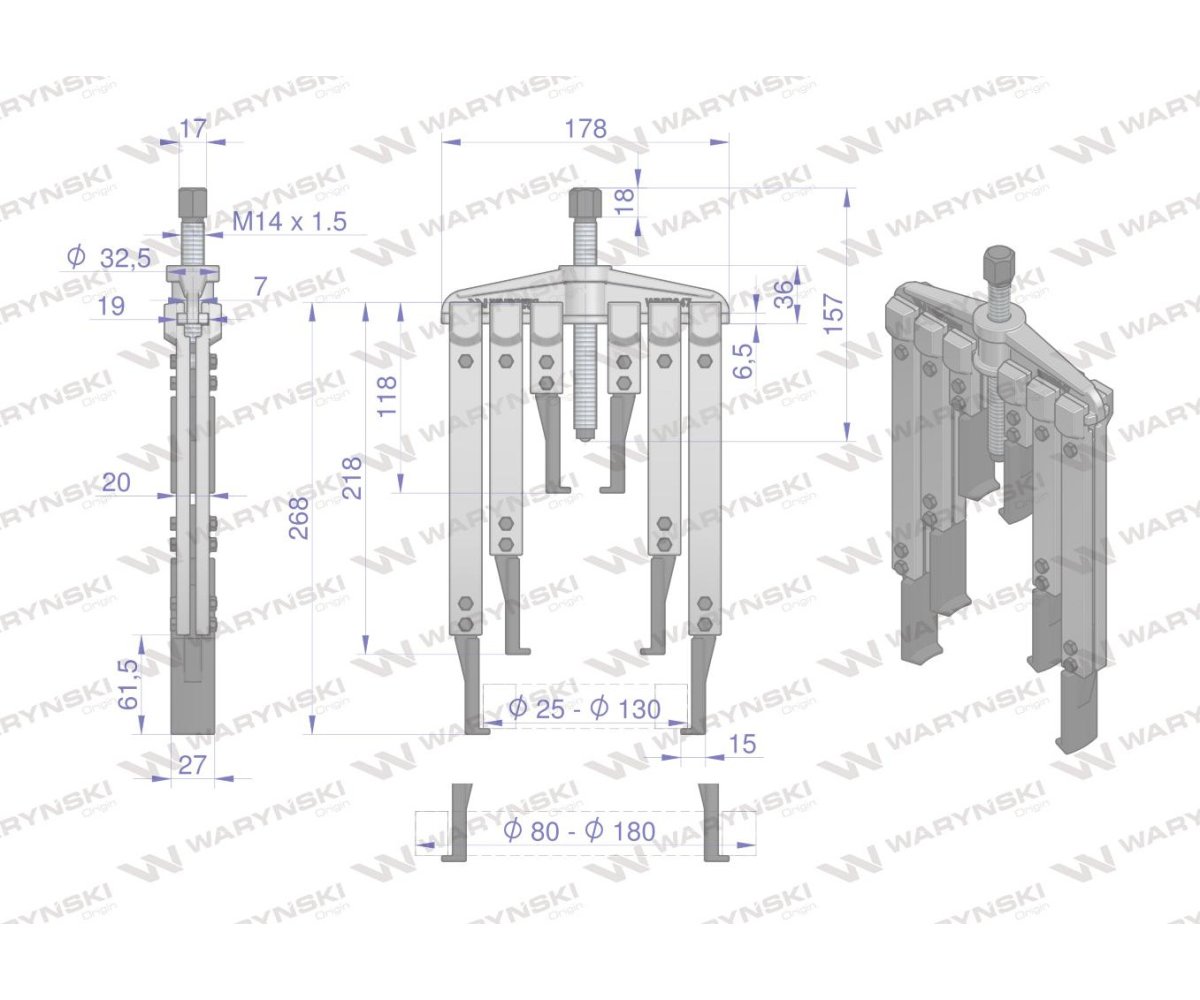 Zestaw ściągaczy do łożysk dwuramiennych z przedłużonymi ramionami typ T 80-180 Waryński