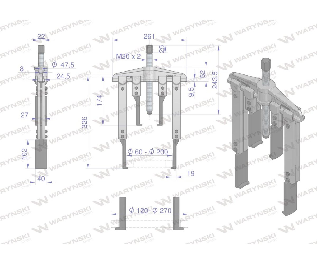 Zestaw ściągaczy do łożysk dwuramiennych z przedłużonymi ramionami typ T 120-270 Waryński