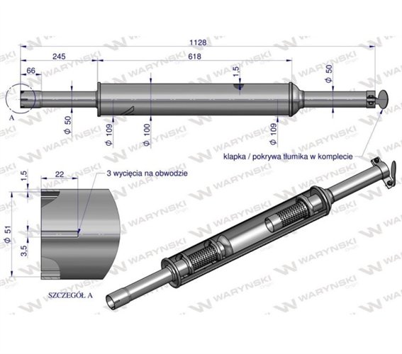 Tłumik 1128mm 3029104M1 4.8kg MF3 C-3603P (prosty) INOX WARYŃSKI