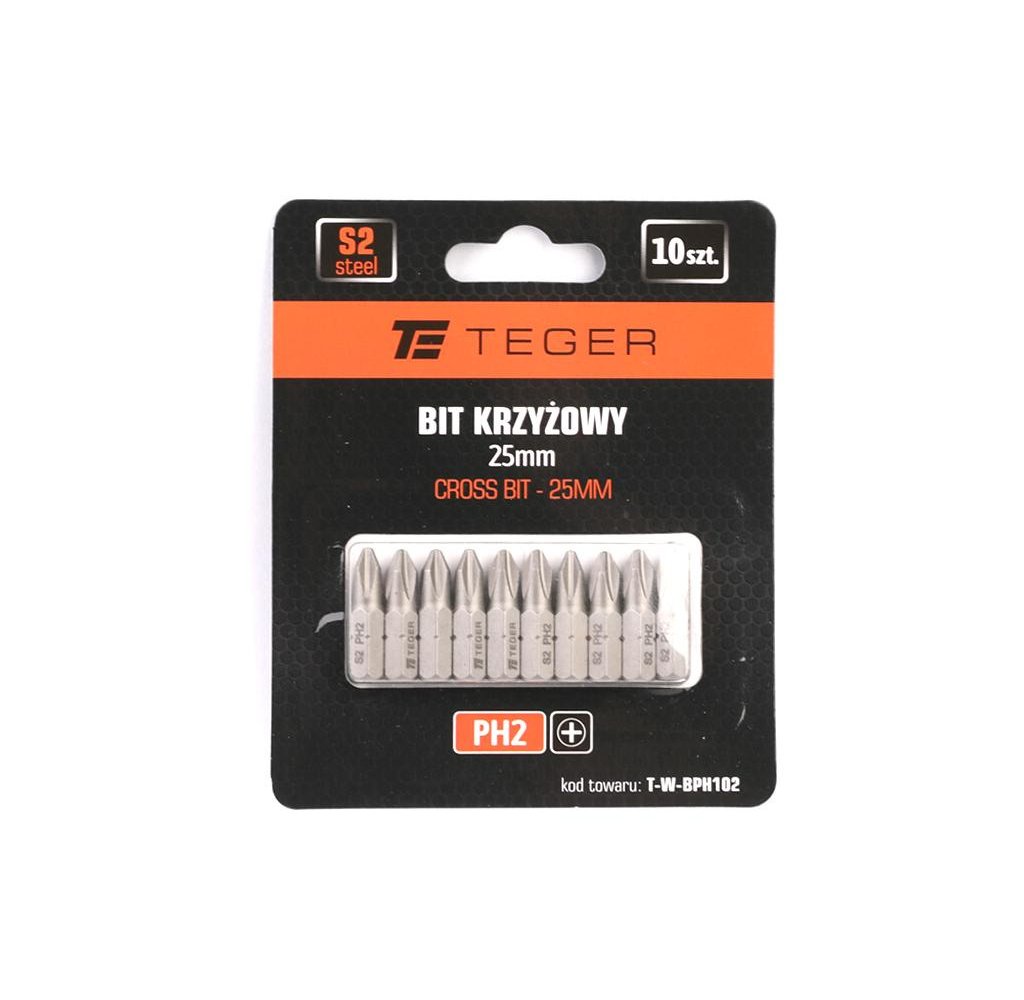 Bit krzyżowy PH 25 mm/PH2 (ZESTAW 10 SZT) / TEGER