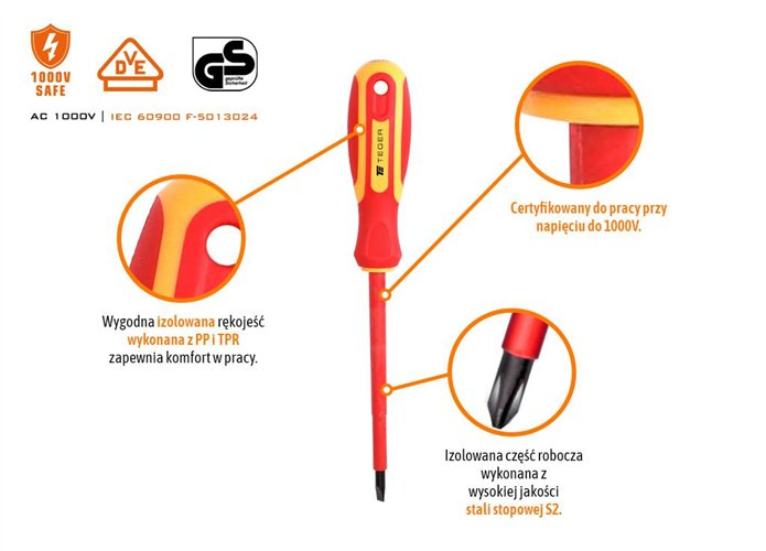Zestaw wkrętaków VDE 6 szt / Certyfikat GS/VDE / TEGER