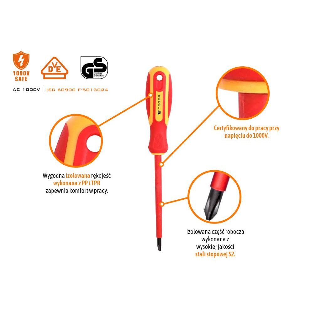 Zestaw wkrętaków VDE 6 szt / Certyfikat GS/VDE / TEGER