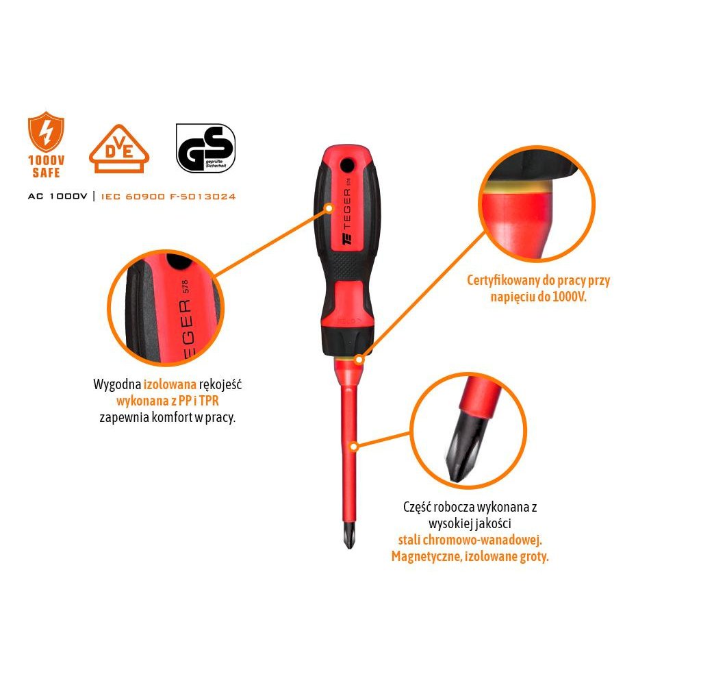 Zestaw wkrętaków VDE PROFESSIONAL 13 szt / Certyfikat GS/VDE / TEGER