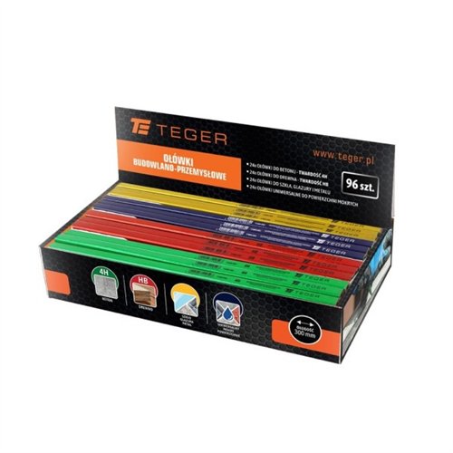 Zestaw ołówków w ekspozytorze / 300mm (24x murarski, 24x stolarski, 24x do szkła glazury i metalu, 24x do mokrych powierzchni) (