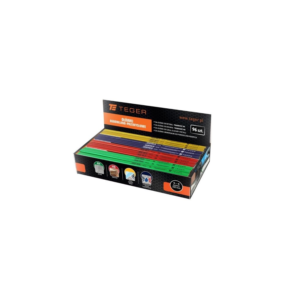 Zestaw ołówków w ekspozytorze / 300mm (24x murarski, 24x stolarski, 24x do szkła glazury i metalu, 24x do mokrych powierzchni) (