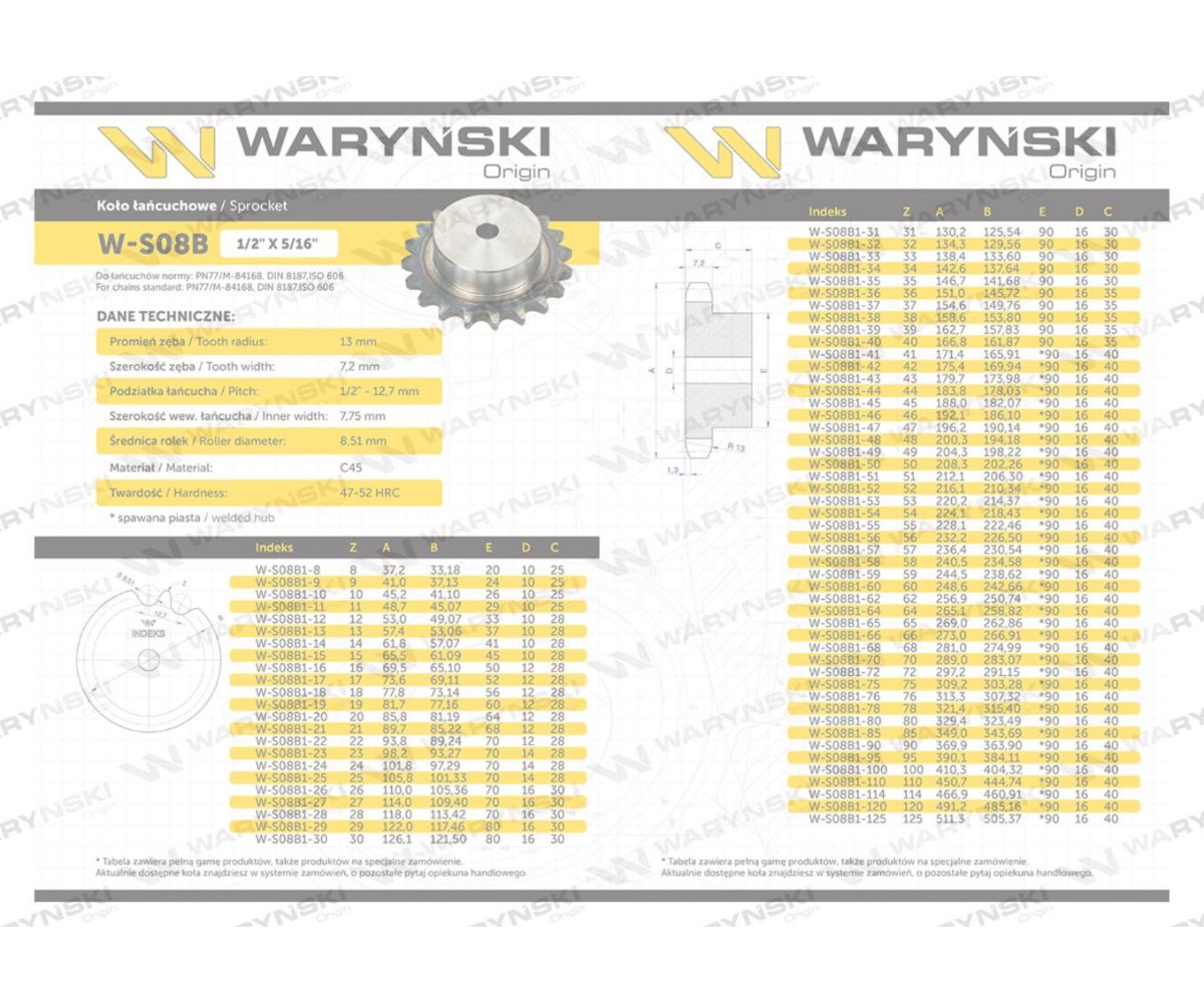 Koło zębate hartowane z kołnierzem 08B-1 (R1 1/2) Z-26 Waryński