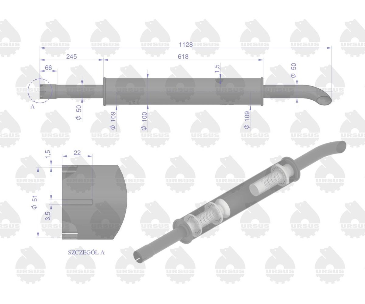 Tłumik 1128mm 3029104M1 4.8kg MF3 C-3603P ORYGINAŁ URSUS