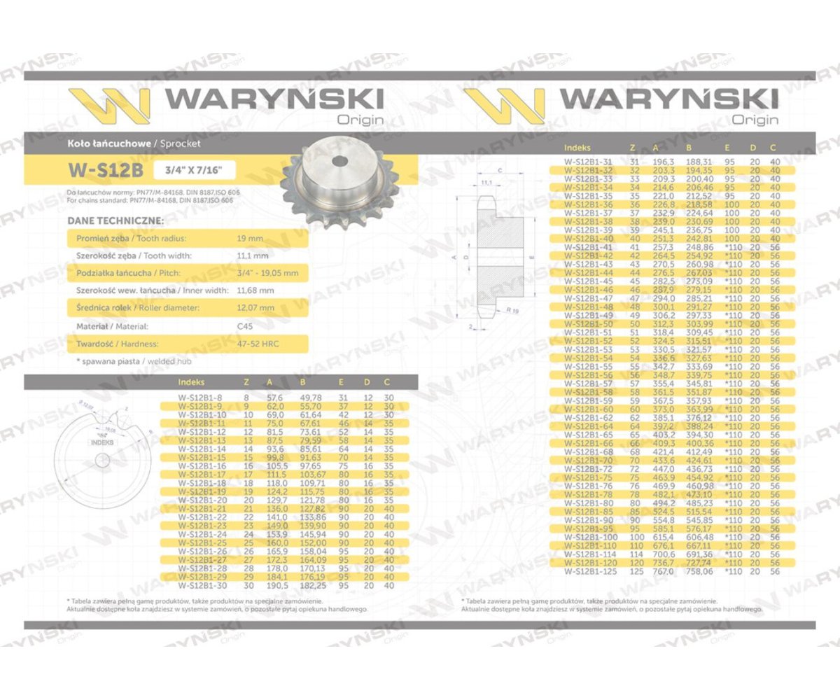 Koło zębate hartowane z kołnierzem 12B-1 (R1 3/4) Z-23 Waryński