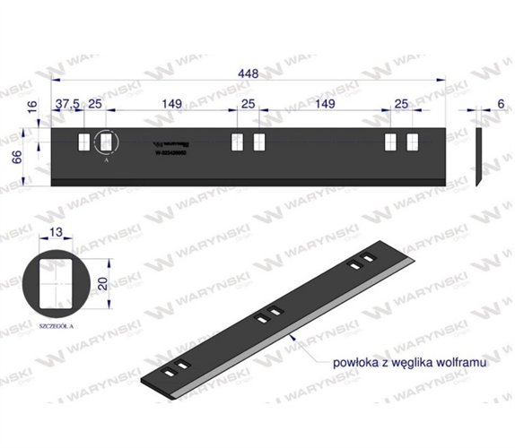 Nóż walca zrywacza napawany 448x66x6 otwory 6x20mm zastosowanie New Holland Laverda WARYŃSKI