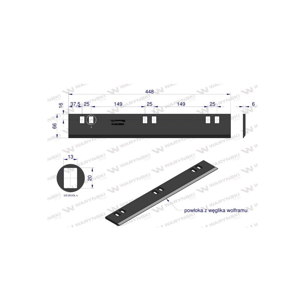 Nóż walca zrywacza napawany 448x66x6 otwory 6x20mm zastosowanie New Holland Laverda WARYŃSKI