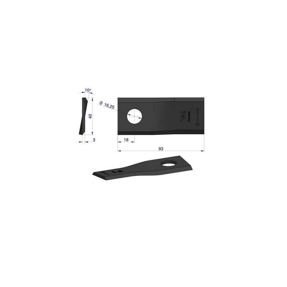 Nóż. nożyk kosiarka prawy 93x40x3mm otwór 16.2 zastosowanie 56151300 Kuhn WARYŃSKI ( sprzedawane po 25 )