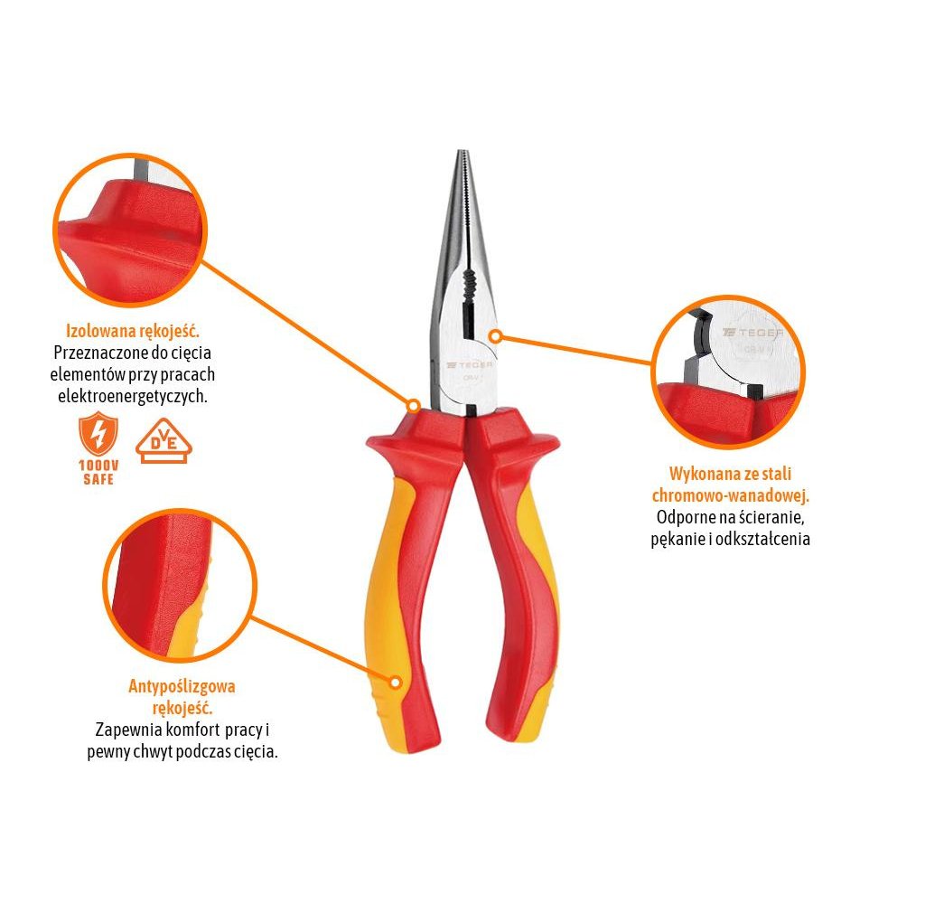 Szczypce wydłużone - proste izolowane VDE 160 mm / TEGER