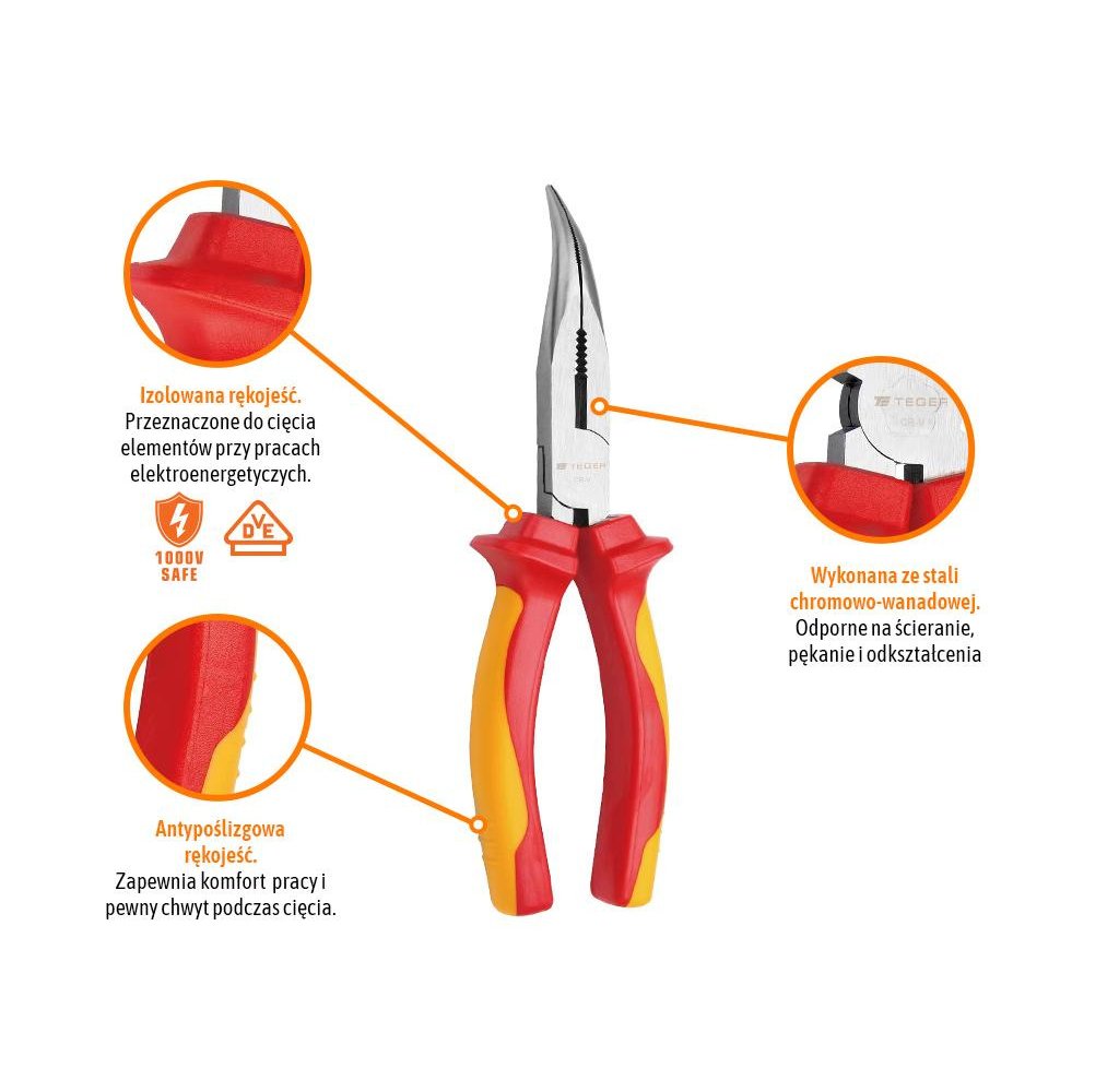Szczypce wydłużone - odgięte izolowane VDE 160 mm / TEGER