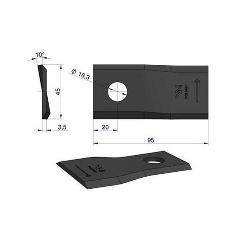 Nóż. nożyk kosiarka lewy 95x46x3,5mm otwór 16.25 zastosowanie 56151210 Kuhn WARYŃSKI ( sprzedawane po 25 )