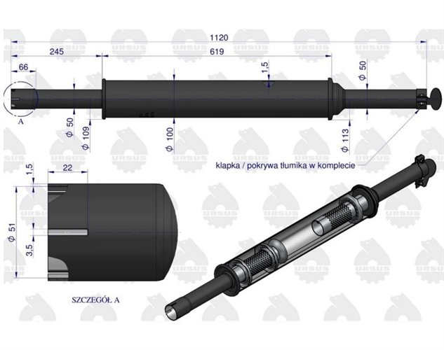 Tłumik 1120mm 3029104M1 5,2kg MF3 C-3603P (prosty) ORYGINAŁ URSUS